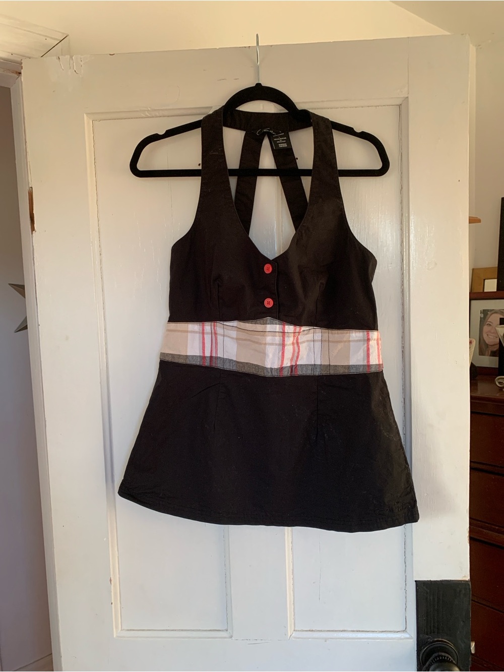 Oakley Black Halter Tank with Red Button and Plaid Waist